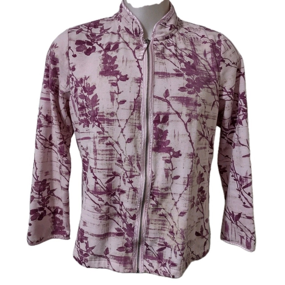 Sag Harbor Floral Sweat Jacket Women's Size X- Large Long Sleeve  Full Zip Pink